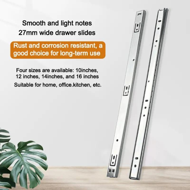Narrow Edge 27Mm slides (2pcs), quiet smooth operation, side mounting, 2-section drawer slides - for office desks, cabinets, storage boxes, and other furniture. Available in 10/12/14/16in sizes, for home and studio use | Industrial Hardware