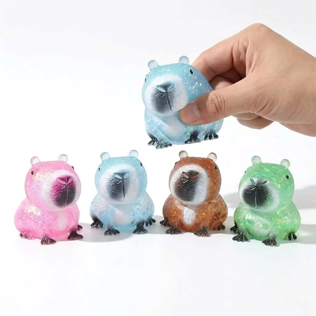 Capybara Squishy Toys, Slow Rising Maltose Squeeze Toys with Glitter, Kawaii Animal Stress Relief Fidget Toys for Adults, Sensory Desk Toys for Anxiety & ADHD, Party Favors (4PCS/Set)