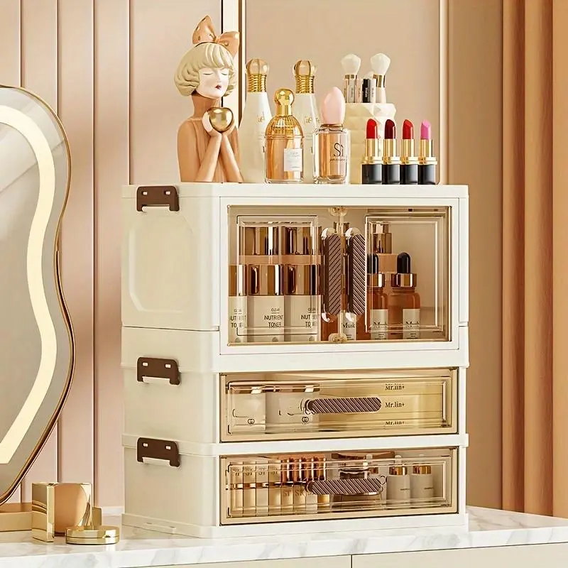 3-Layer Foldable Large-Capacity Transparent Drawer Storage Cabinet - Home Organizer for Cosmetics, Skincare Products
