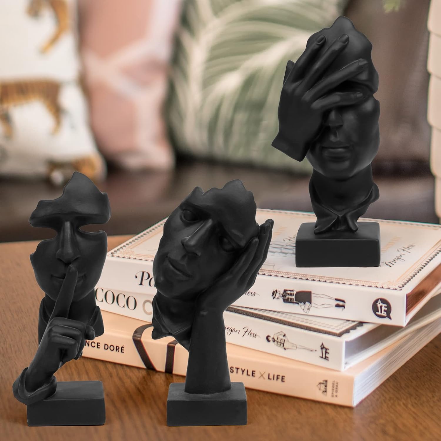 SUNDAY MIRTH 3 Pcs Thinker Statue, Silence is Gold Abstract Art Figurine, No Hear No See No Speak Modern Home Resin Sculptures Decorative Objects Decor for Home Office Bookshelf Desktop(Black) (A-41)