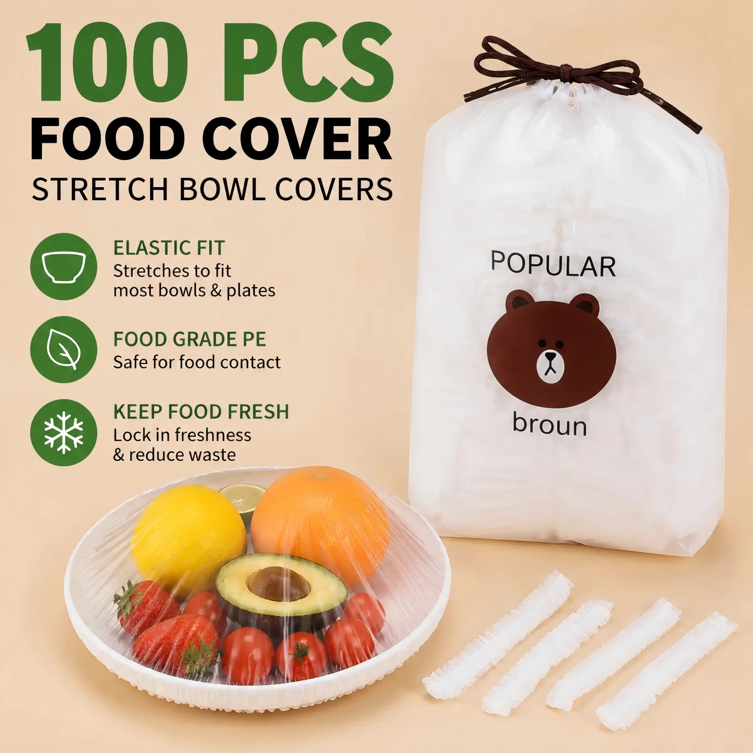 Disposable Food Grade Pe Plastic Wrap, Elastic Opening Design, Dustproof, Insect-Proof, Suitable for Leftovers, Fruits, Vegetables, Parties