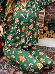 New Fall Winter Christmas Pajama Set, Long Sleeve Fitted Sleepwear, Festive Gingerbread Man Print, Casual Home for Women