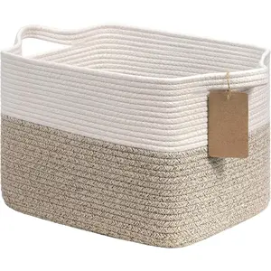Woven Storage Basket, Cotton Rope Basket for Dog Toys, Books, Stylish Gift Basket with Handles, 13 x 10 x 9 Inches Square Baskets for Organizing, Brown and White