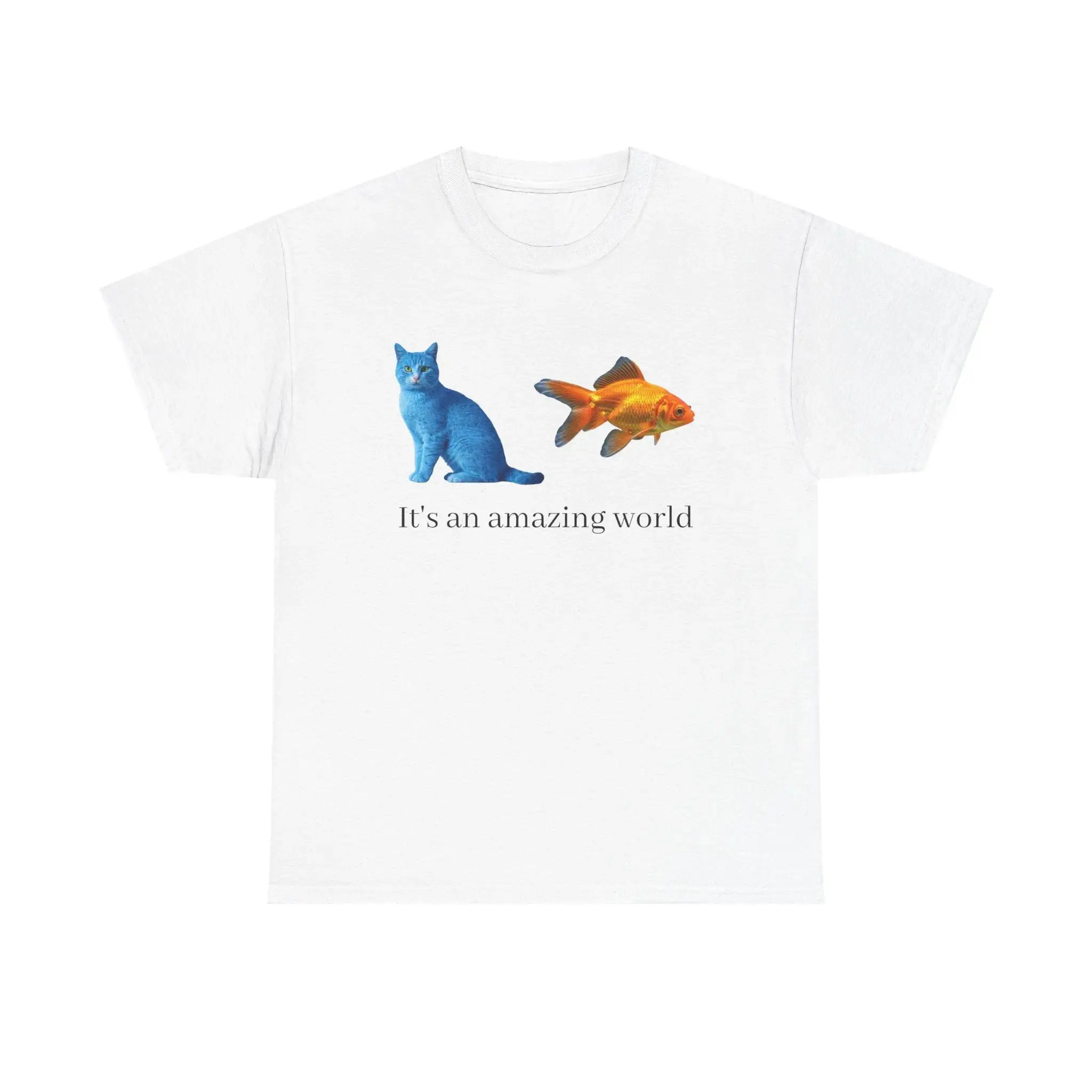 Funny Animal Graphic T-Shirt, Men's Casual Short Sleeve Round Neck Cotton Top with 'Amazing World' Blue Cat & Goldfish Print, Menswear, Shortsleeve, Machine Wash Safe, Tee, Tshirt, Animal Print, Comfortable Lightweight Fabric, Male, Printed Slogan