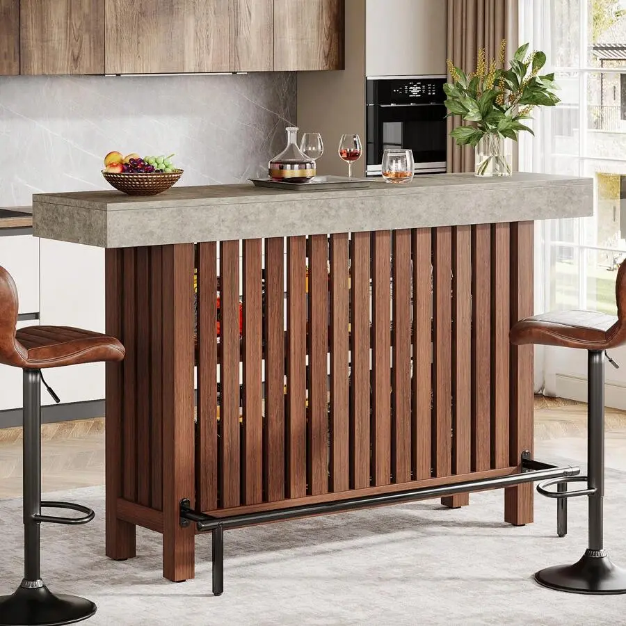 63-Inch Large Home Bar Unit, Modern 2-Tier Bar Table With Footrest, Corner Mini Coffee Bar Cabinet Home Pub, Dining Room, Living Room, Brown