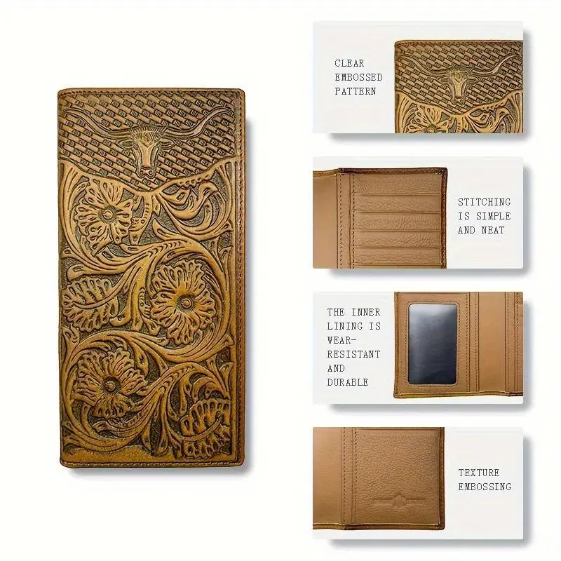 Luxury Floral Embossed Cowhide Long Men's Wallet - RFID Blocking, Large Capacity, Multiple Card Slots, Ideal Gift for Men Women