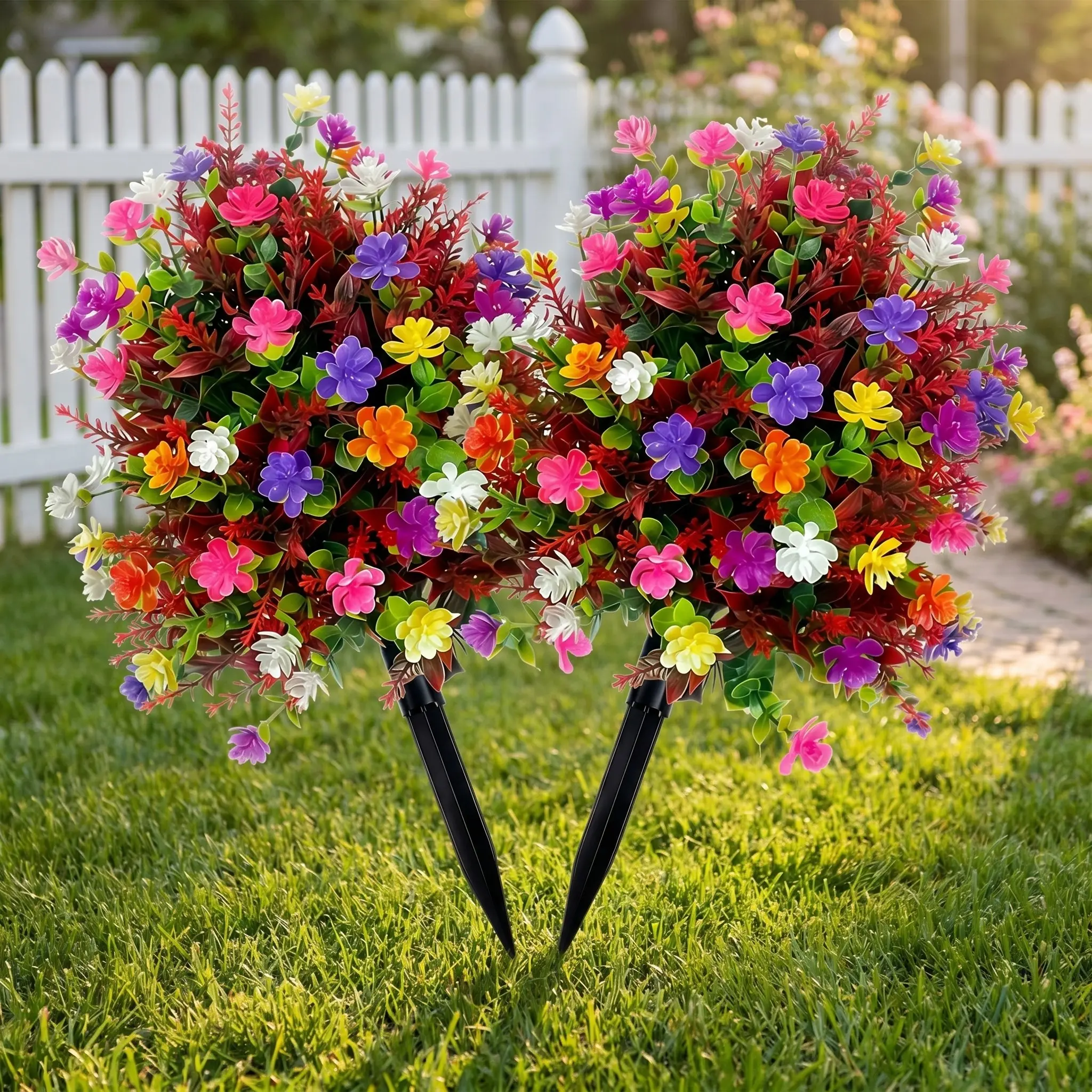 2 Bundles Artificial Violet & Eucalyptus Flower Stakes, Artificial Flowers, Faux Flower Decorations, Fake Flowers, UV Resistant Waterproof, No Maintenance, Outdoor Decor for Garden, Porch, Yard, Patio, Lawn