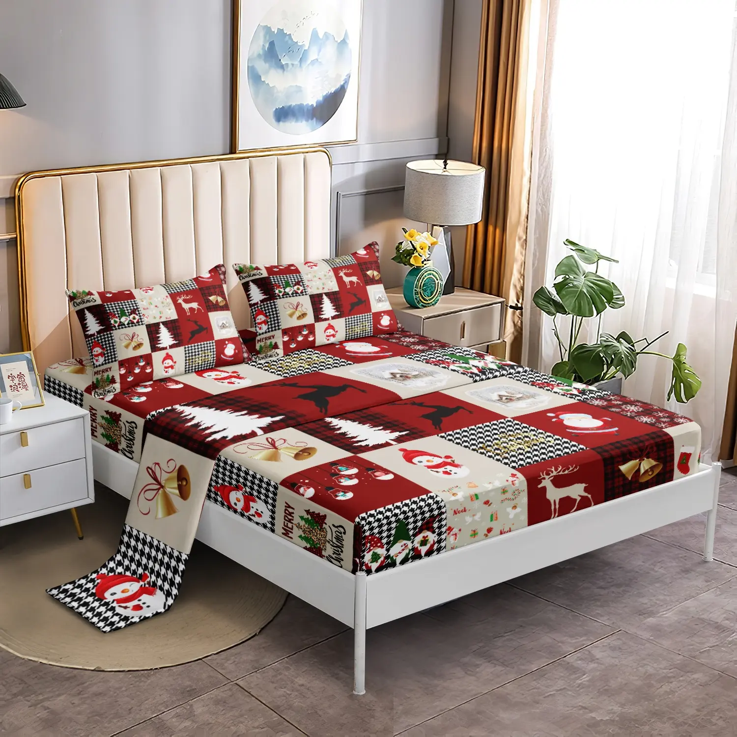 4Pcs Christmas Patchwork Plaid Bed Sheet Flat Set, Santa Snowman Reindeer Bell Xmas Tree Print Soft Microfiber Bedding Bedroom Decor Included 1*Fitted Sheet & 1*Flat Sheet & 2*Pillowcase Bedsheets