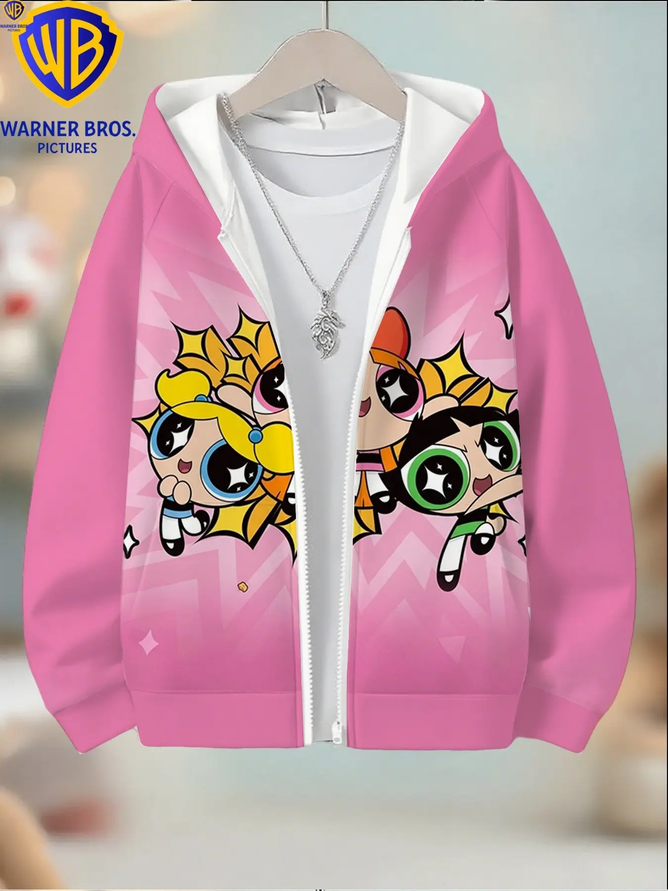 Warner Bros Official Girl's the Powerpuff Girls Hoodie, Bright Lightning Star Pattern, Long Sleeve Zipper Jacket, Perfect Gift