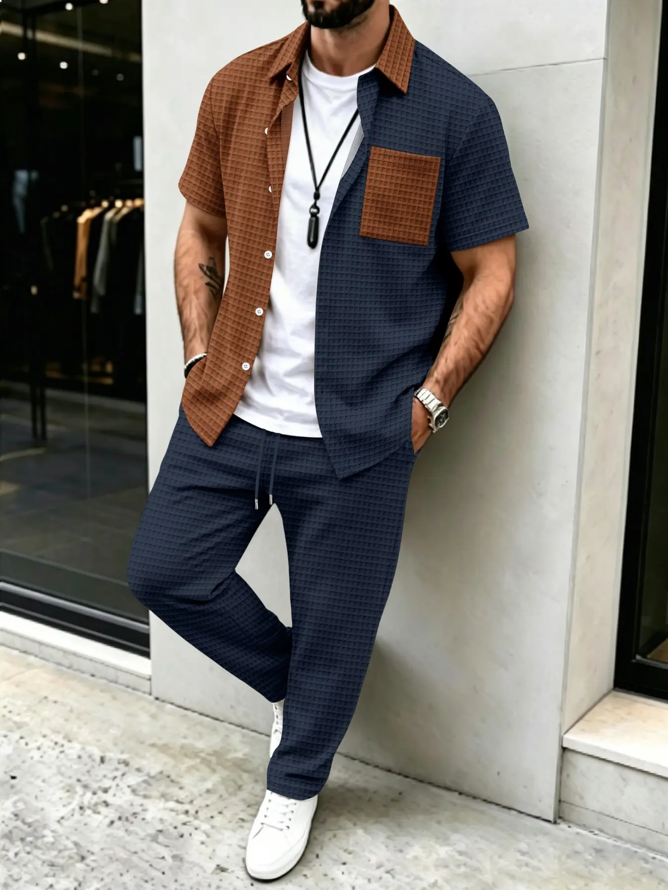 Men's Casual Waffle Knit Set, Colorblock Shirt and Slim Fit Pants, Ideal for Shopping, Vacation, Travel, Dating, Daily Wear, High-Quality Design