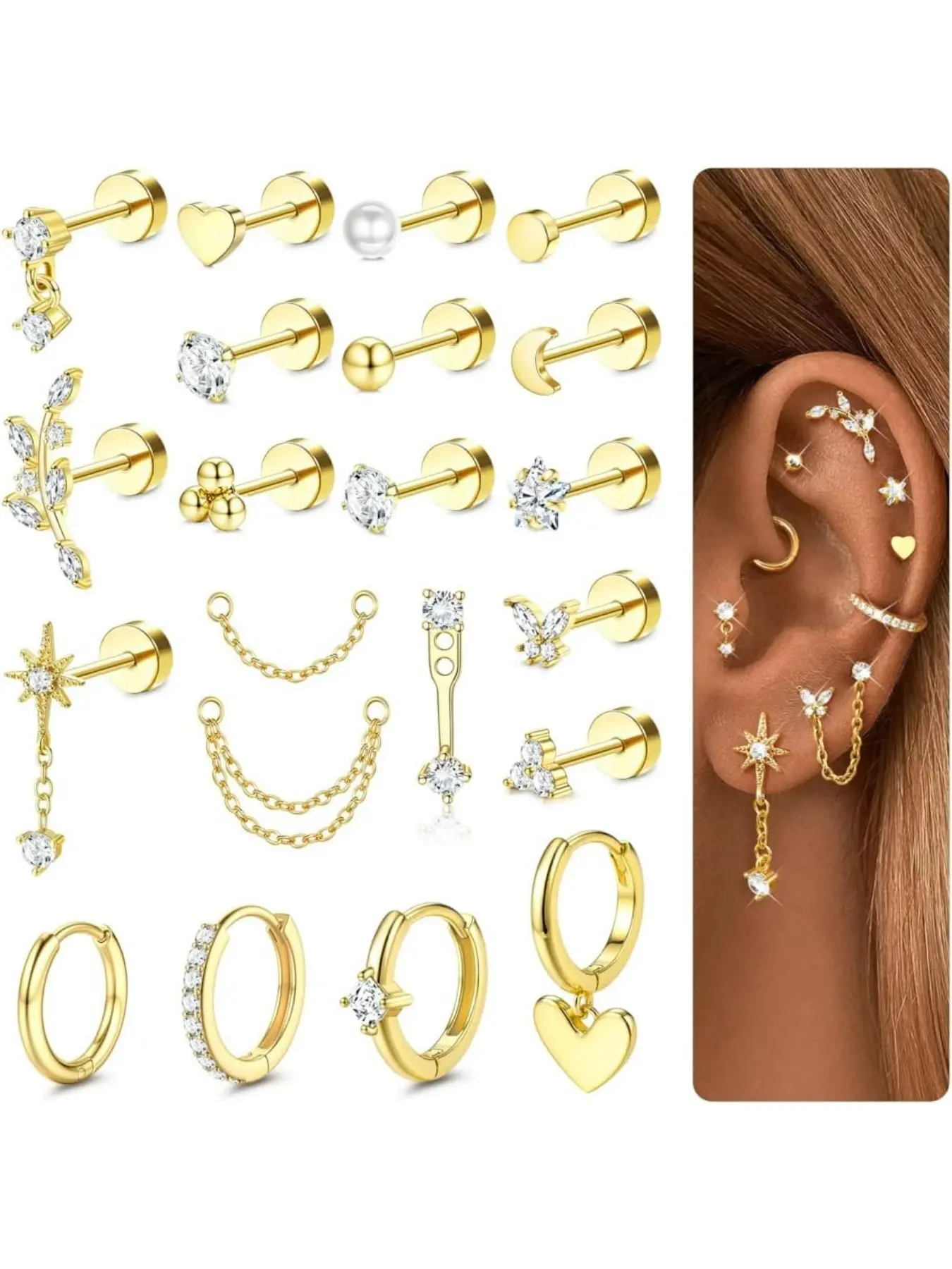 21Pcs Helix Piercing Jewelry 16G Hypoallergenic Flat Back Earrings Helix Hoops Tragus Studs Cartilage Earrings for Women Jewelry Gold/Silver