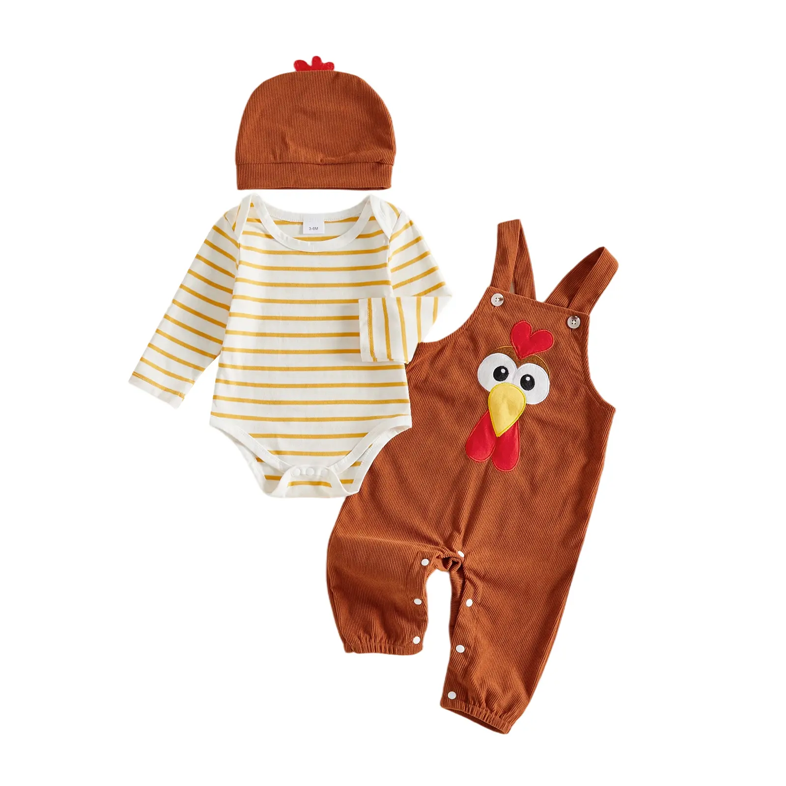 REDWOON Infant Baby Boy Thanksgiving Turkey Outfit Striped Long Sleeve Bodysuit Suspender Overalls with Hat Set 0-18M