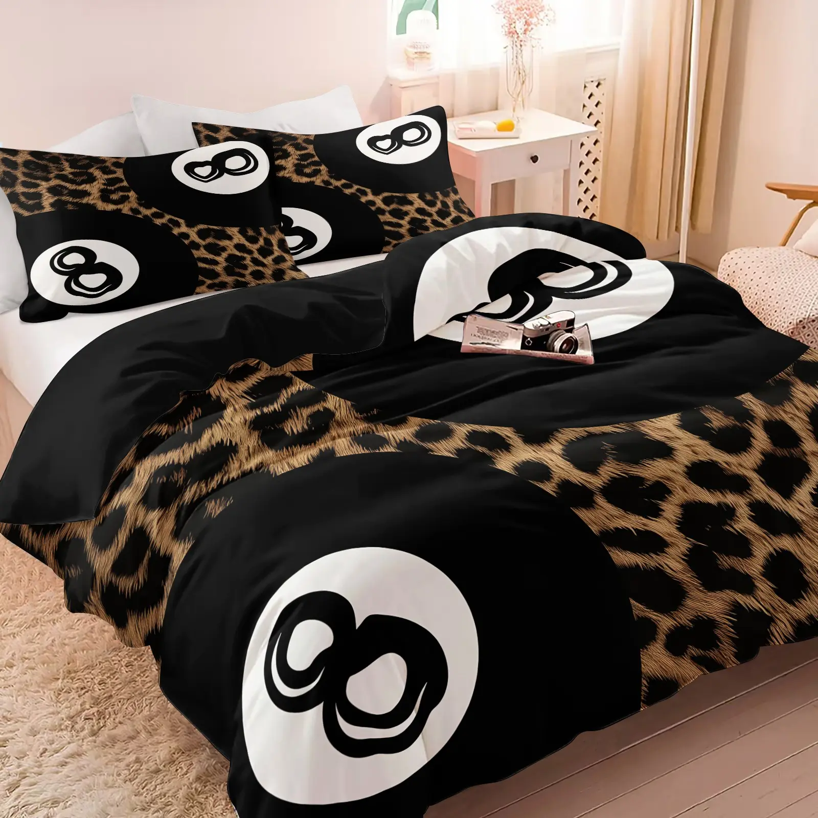 Vintage Leopard Lucky 8 Ball Duvet Cover Set (Upgraded Black Lining) & 1-2 Coreless Pillowcases, Black-brown Leopard Texture Print. Black Lining Blocks Light, Bright Long-lasting Print, Soft Breathable For All Seasons, Y2K Street Style Bedroom Decor