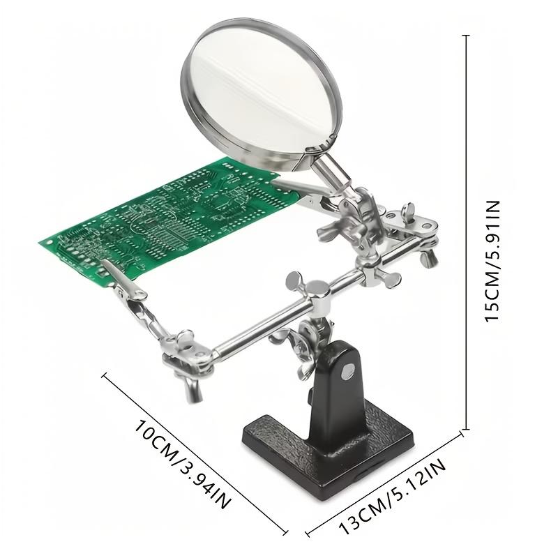 Professional Electronic Inspection And Repair Station Featuring a Built-In Lighted Magnifying Glass. Includes a Heavy-Duty Adjustable Folding Stand And Ergonomic Base, Powered by Low-Voltage Batteries. Ideal for Electronics Repair, Watchmaking