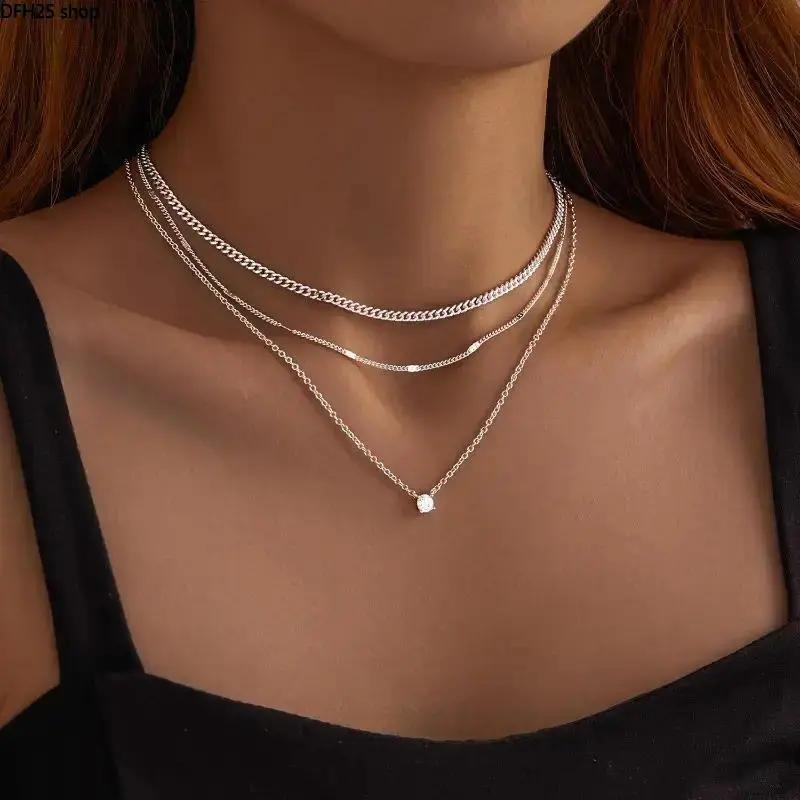 Layered Gold Silver Necklace for Women, Cubic Zirconia Pendant Jewelry with Multi Chain Design, Elegant Fashion Accessory for Daily Styling