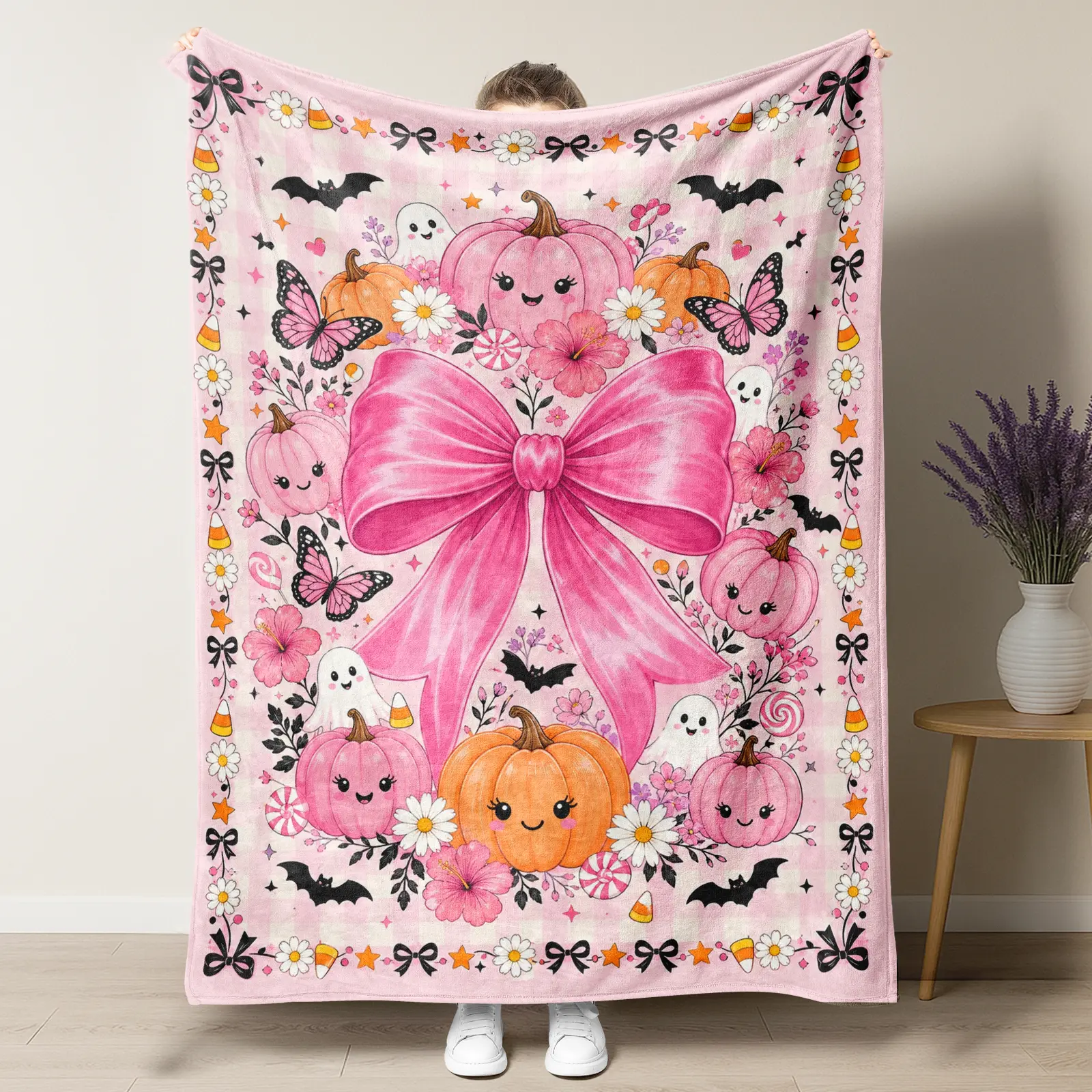 Coquette Pink Big Bow Halloween Throw Blanket,Soft Girl Spooky Autumn Home Decor Blanket Halloween Gift For Her,Pastel Spooky Season Fall Sofa Bed Decor