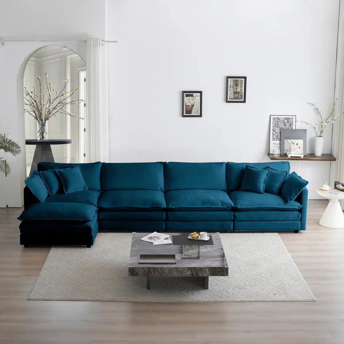 Aobtkel Modular Sectional Sofa for Living Room Decor, U-Shaped 5-Seater Convertible Couch with 1 Ottoman, Blue Chenille Indoor Living Room Furniture, Furniture Living Room
