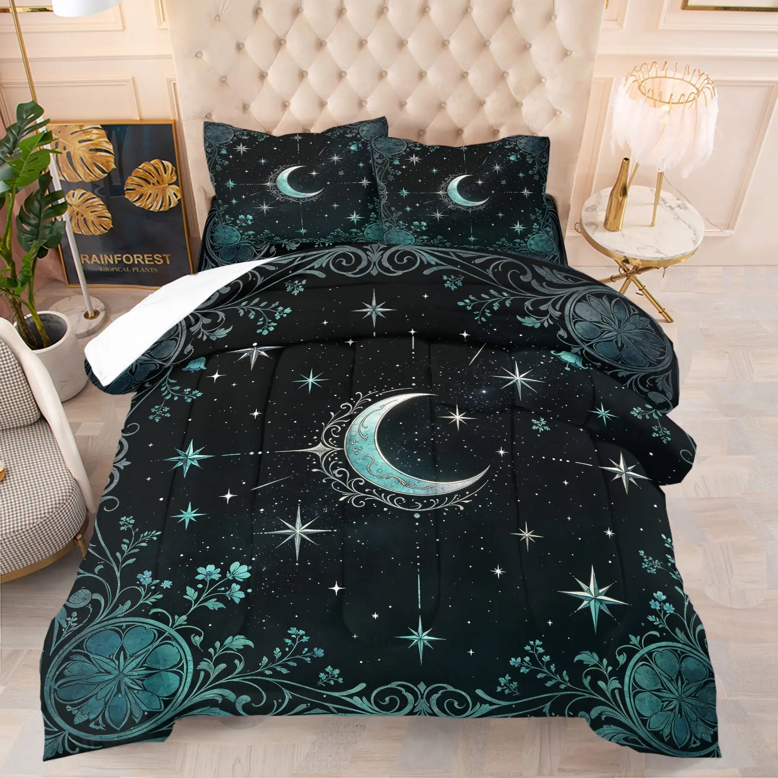 Mystical Teal Floral Crescent Moon & Star Comforter Set, Soft Breathable Comfy Gothic Night Sky Bedding, 1 Quilt + 1/2 Pillowcases, Unique Witchy Gift Quilt for Bedroom, Dorm & Guest Room, Twin/Full/Queen Size