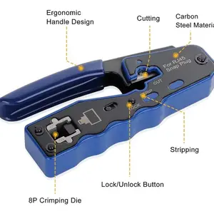 8P RJ45 Pass Through Network Cable Crimping Tool, Wire Stripper/Cutter/Crimper All-in-One for Ethernet Cables