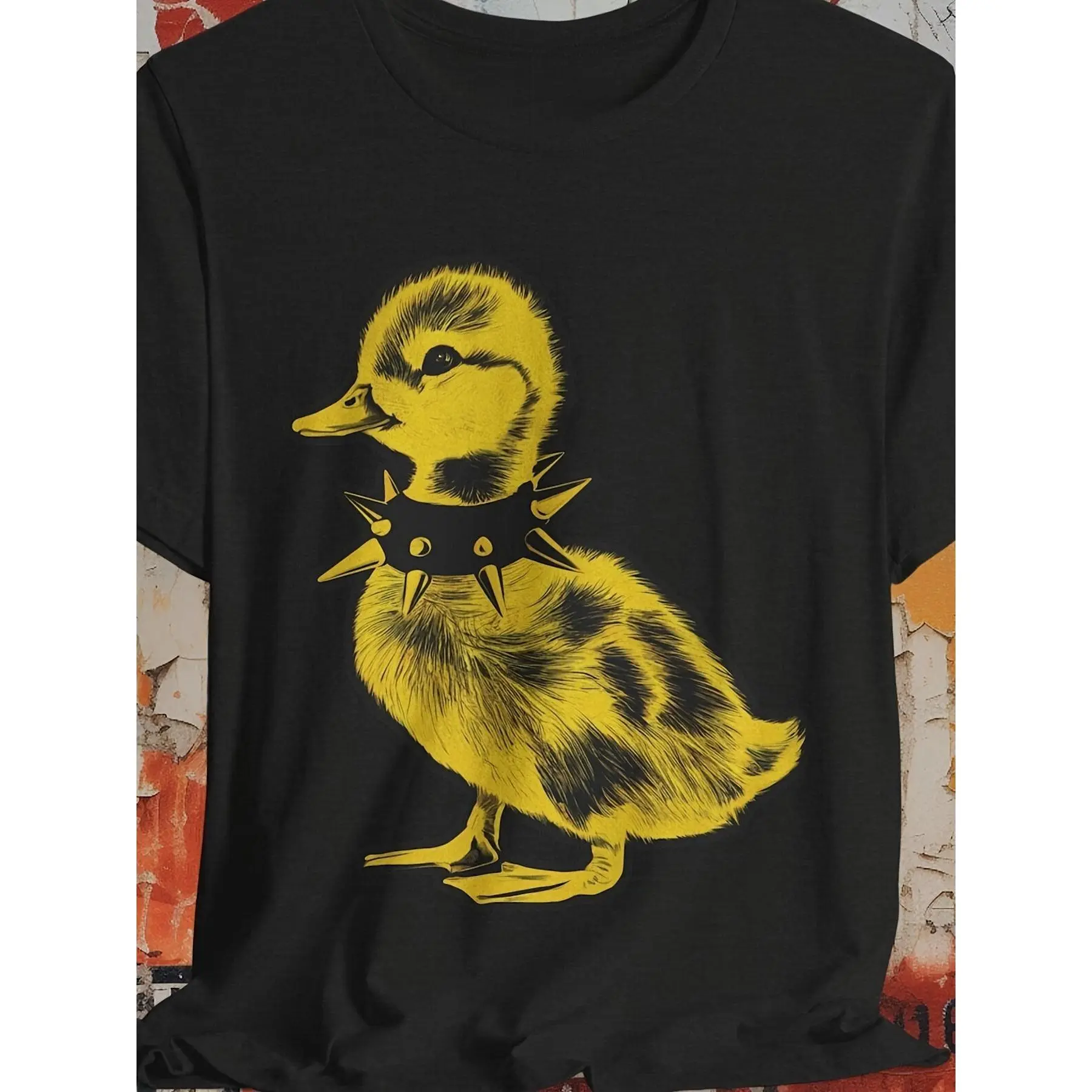 Men's Cotton Punk Spiked Collar Yellow Baby Duck Graphic T-Shirt - Thick, Casual, Baggy, Fluffy Alt Grunge Weirdcore Emo Streetwear Top for Concerts, Daily Wear, Concert Wear, Foldable, Basic, All Seasons, Chic, Cold Wash, Crew Neck, Cute, Fashion, Textur