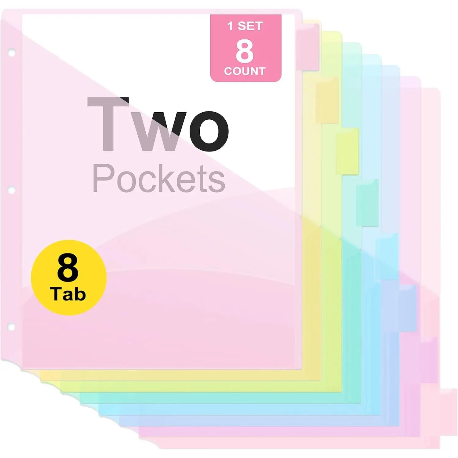 8 Count Binder Dividers with Two Pockets, 8 Tabs Binder Dividers for 3 Ring Binder Letter Size, Durable Plastic Binder Divider with Tabs, Insertable Big Tabs, 1 Set, Pastel