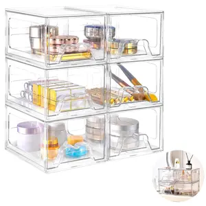 Stackable Storage Drawer, 4/6 Counts Clear Acrylic Bathroom Makeup Organizer, Plastic Pull Out Drawers for Vanity, Undersink, Kitchen Cabinet, Pantry Organization, Boxes