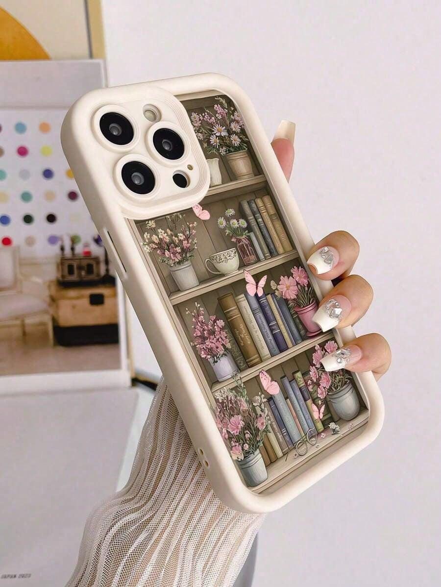 Bookshelf & Flower Pattern Painted Grooves Soft Shell Case Compatible With IPhone 16/15/XR/7P8P/P12ProMax/P13ProMax/P14ProMax/P13/P14/P11/P12/P14, XS/S/XSMAX/78, Cute & Fashionable Thick Phone Protective Cover