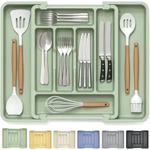 Large Silverware Organizer for Kitchen Drawer - Expandable Drawer Organizer for Cutlery, Flatware & Gadget, BPA-Free Thick Plastic, Wider Compartments & Non-skid Feet (Sage Green)