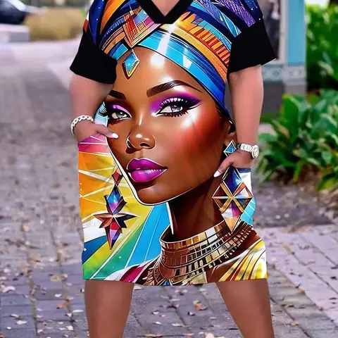 [Plus Size] All Over Print V Neck Dress, Casual Boho Chic Style Bohemian Aesthetic Short Sleeve Dress for Daily Wear, Women Plus Clothing for All Seasons, Casual Fashionable Dress