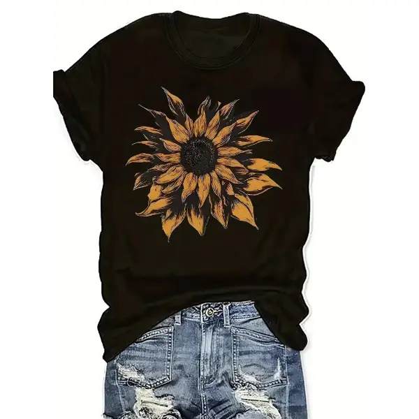 Women's Black & Yellow Sunflower Print T-Shirt - Short Sleeve Crew Neck Casual Top with Brown & Golden Floral Design, Relaxed Fit All-Season Comfort, Machine Washable Everyday Summer Spring Outfits, Versatile Layering Piece for Beach Outings & Casual