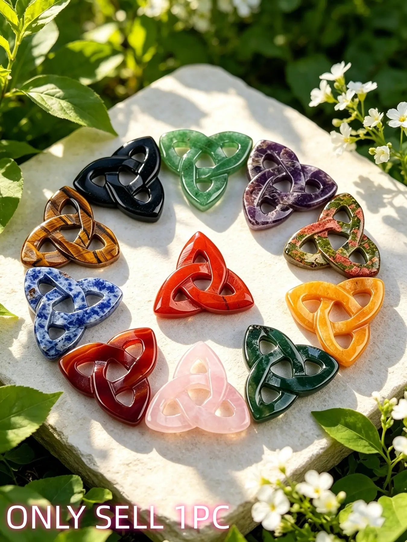 1pc Hand-carved triangular Celtic triple knot amulet with natural crystal stone decoration. Triple balanced spiritual healing crystal Irish knot surrounding spiritual small item. Perfect expression of love and protection pocket charm and altar