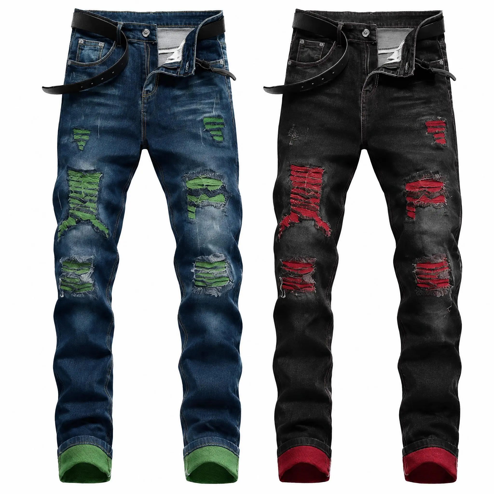 Men's 2-Pack Ripped Jeans - Slim-Fit Retro Stretchy Denim, Button Accents, Distressed Details, Colorblock Patches, Below-Ankle Length, 90s Grunge Look, BF Style, Plain All-Season Casual Streetwear, Machine Washable Menswear Trousers Dark Blue