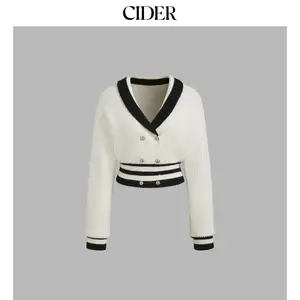 Cider [2 colors, size 2-26] Knit V-neck Solid Button Contrasting Binding Cardigan