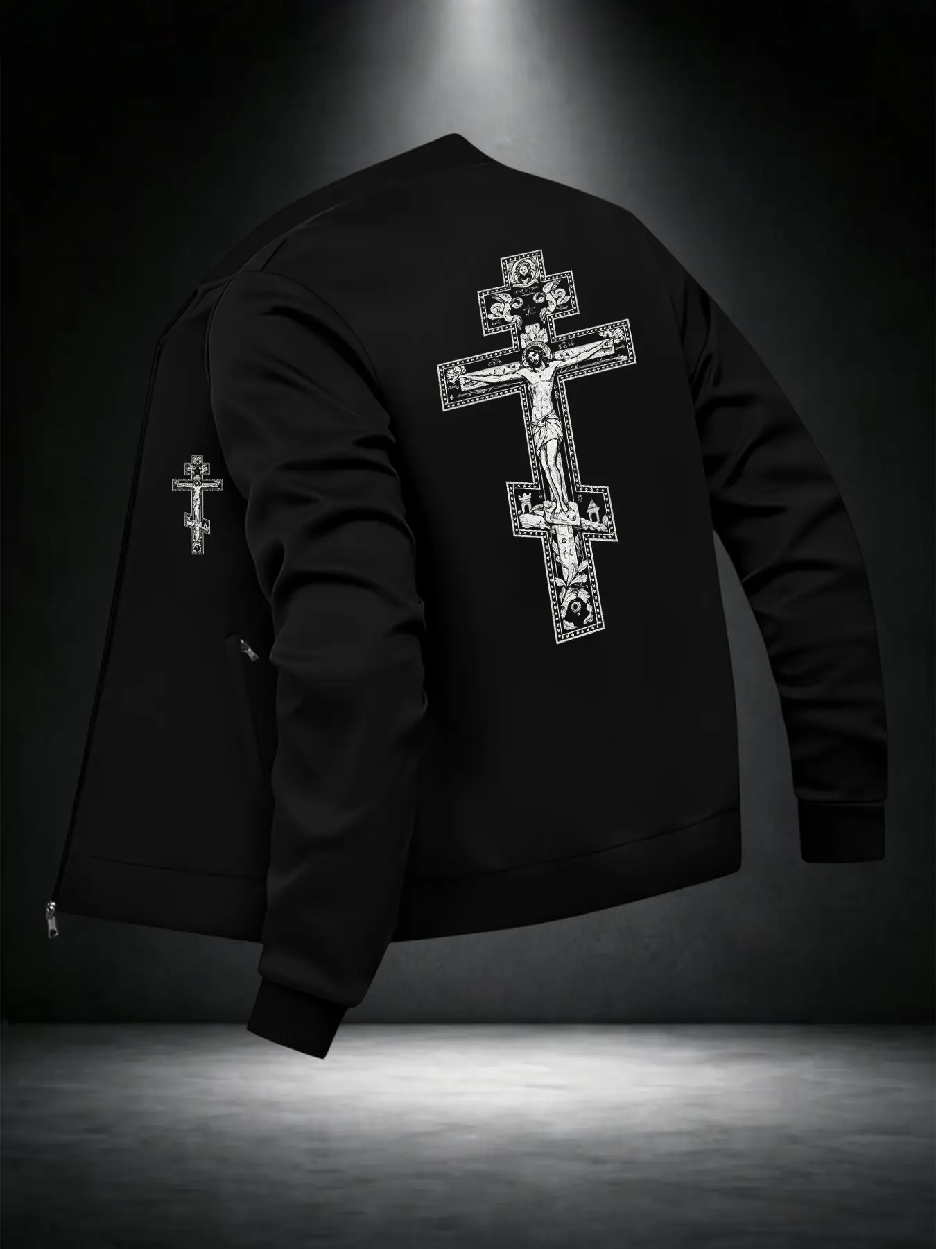 Men's Long Sleeve Zipper Jacket, Christian Cross and Jesus Pattern, Casual Streetwear, Loose-Fitting Outerwear, All Seasons