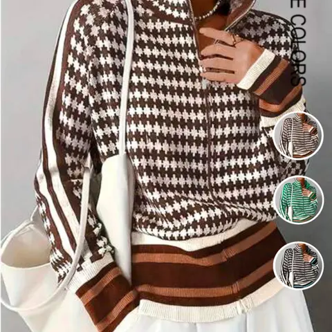 Elegant Plaid Patchwork Stand Collar Zipper Top, Fall Winter New Knit Cardigan, Loose Fit Slimming Casual Commuter Jacket, Fashion Long Sleeve Knit Sweater