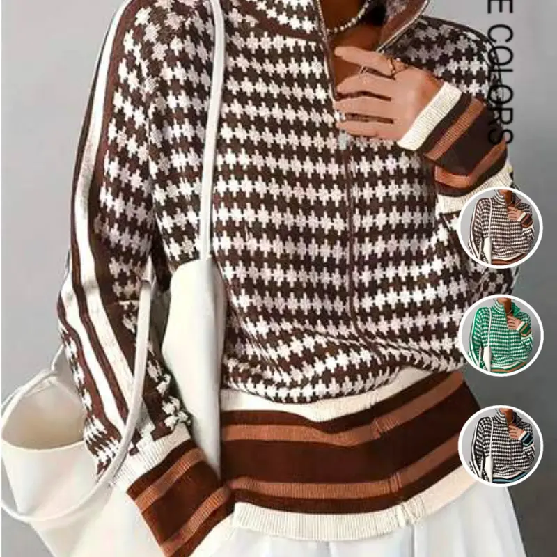 Elegant Plaid Patchwork Stand Collar Zipper Top, Fall Winter New Knit Cardigan, Loose Fit Slimming Casual Commuter Jacket, Fashion Long Sleeve Knit Sweater