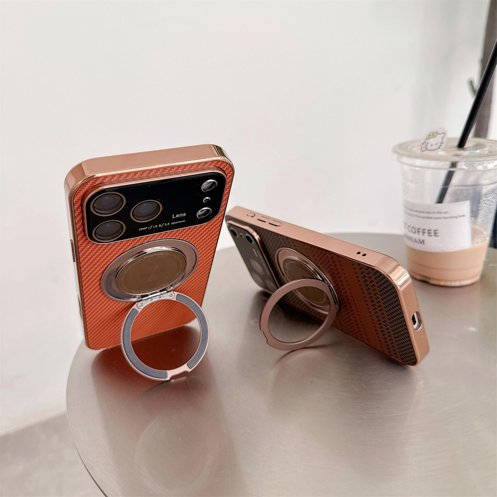 Suitable for iPhone 17 Magnetic Phone Case Rotating Stand iPhone 16 Pro Max Large Window Electroplated Fiber Texture