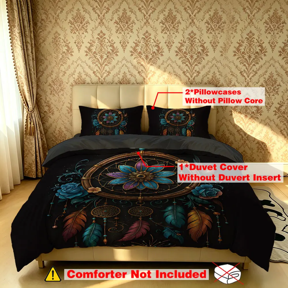 The 3-piece dream catcher flower pattern bedding set includes one bedspread and two pillowcases, without fillings. It is soft and comfortable, suitable for single beds and double beds, and ideal for use in bedrooms, dormitories, and hotels.