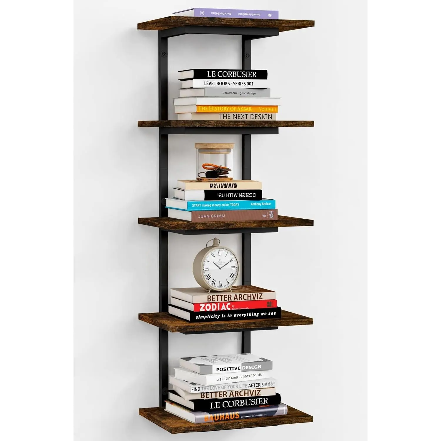 5 Tier Wall Bookshelf Unit for Bedroom Books, Large Floating Book Shelves Wall Mounted, Rustic  Lack Tiered  Shelf for Kitchen Office Living Room Corner (Dark Brown)