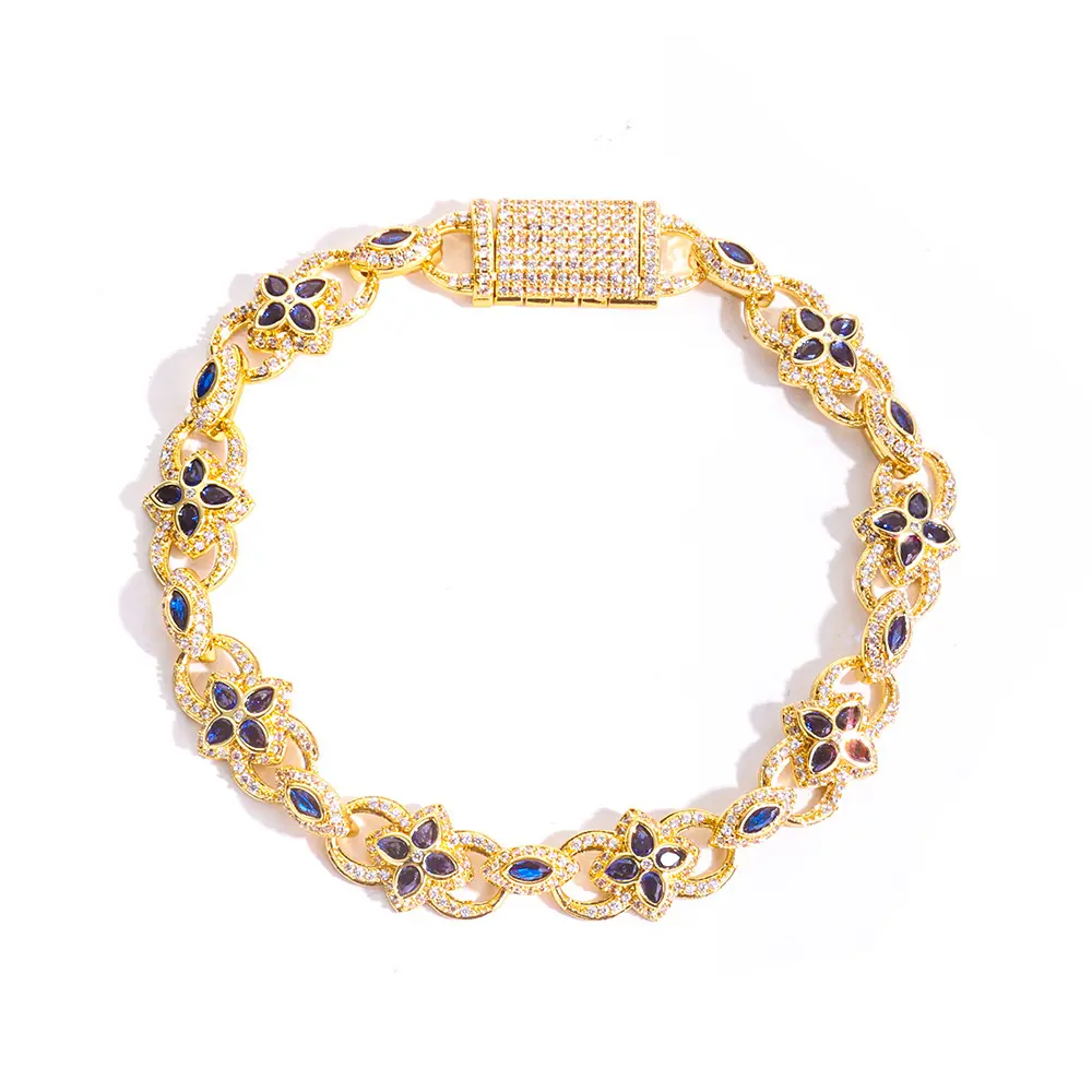 14K Gold Plated Blue Clover Tennis Bracelet, Full Pavé Cubic Zirconia Four-Leaf Flower Link Chain, Luxury Sparkly Statement Wrist Jewelry, Ideal Gift for Women Wedding & Party Occasions