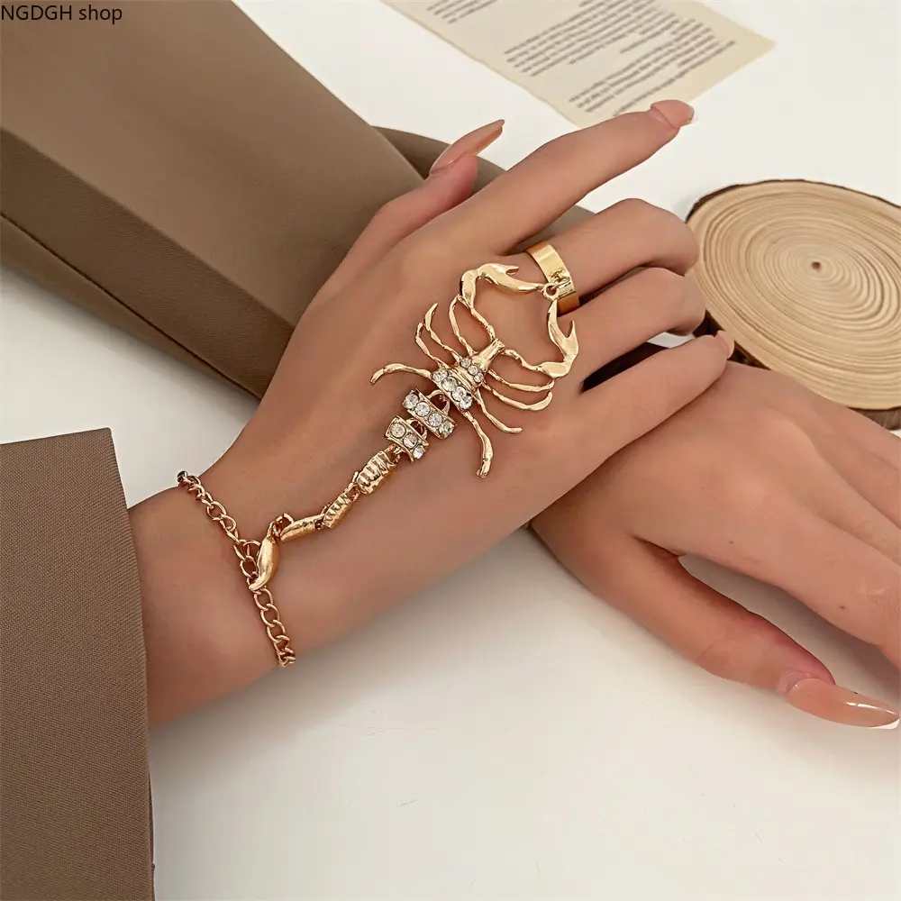 Women's Funky Scorpion Cuff Ring-Bracelet, Gold-Tone Rhinestone Statement Jewelry, Lightweight Sports Accessory for Bold Style, Animal