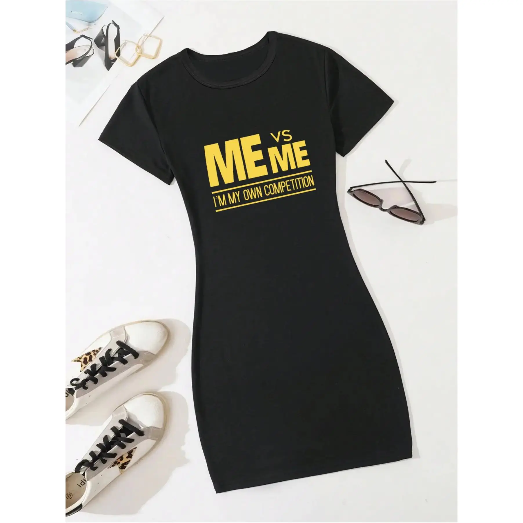 Women's Short Sleeve Dress with Pockets - "ME vs ME I'm My Own Competitor" Motivational Print, Stretchy Round Neck A-Line Casual Dress, Black & Yellow Lettering, Short Length Spring Summer Outfits, Loose Fit T-Shirt Dress for Workouts & Daily
