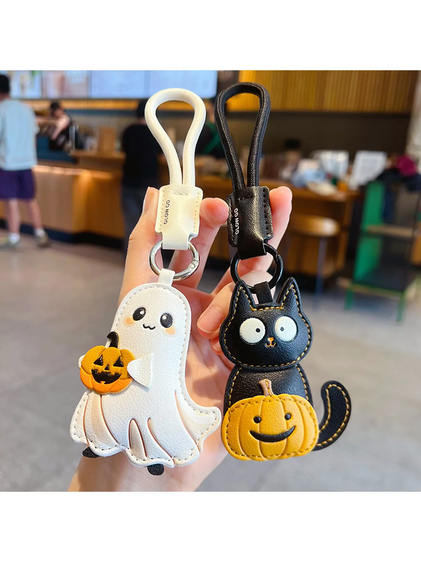 2 Piece Set Creative PU Leather Halloween Pumpkin Keychain, Couple Leather Car Bag Key Chain, Cute Plush Key Holder