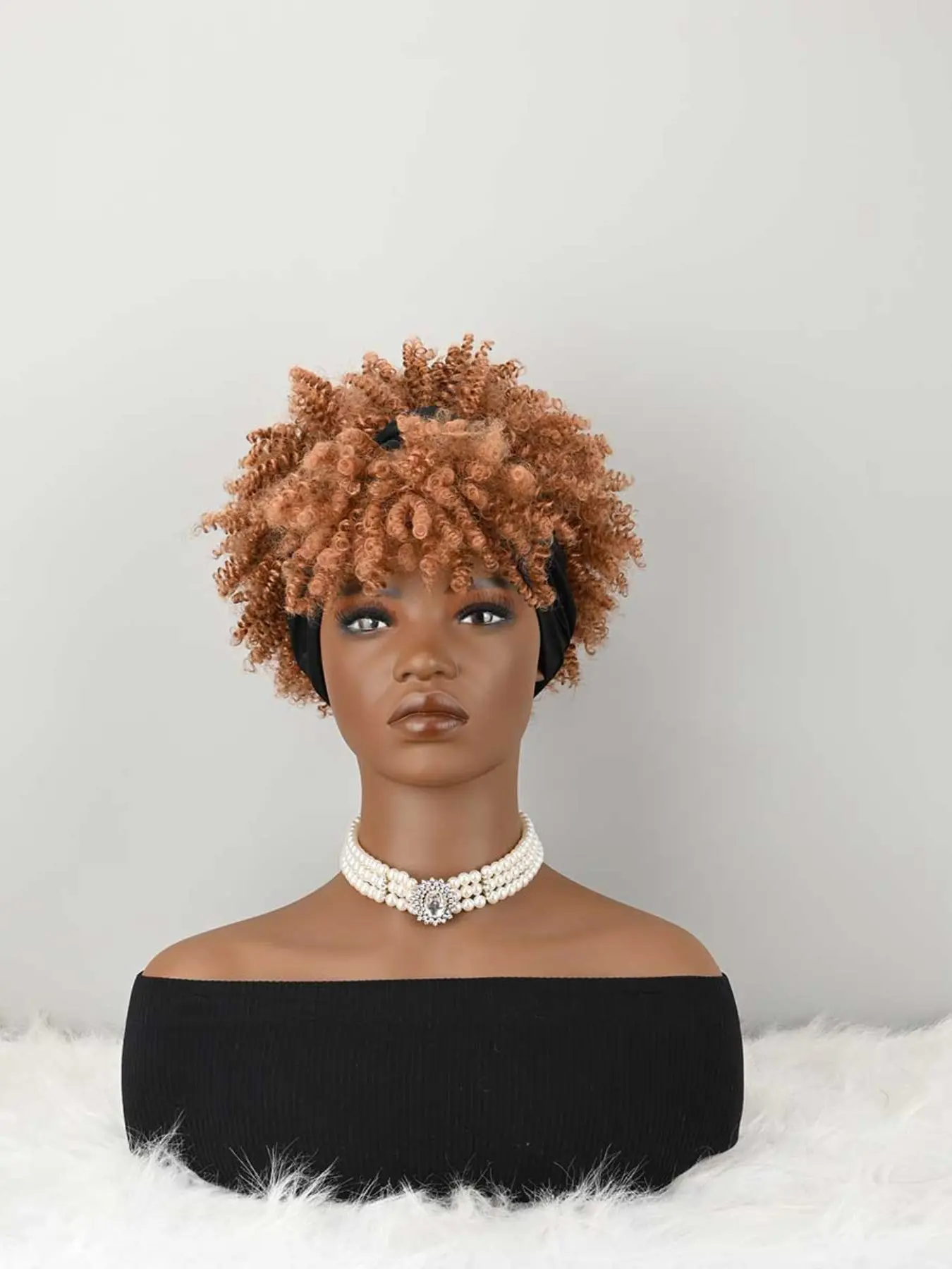 Headband Wig Curly Headband Wig With Bangs For Women Synthetic Afro Curly Hair Wig With Headband Attached Short Kinky Curly Afro High Puff With Bangs Stripes Short Red Curly Wigs with Bangs for Women, Natural Wavy Synthetic Hair, Fluffy Pixie Cut