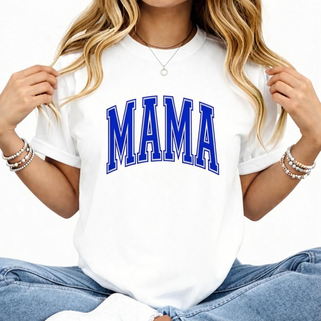 Camo Mama Puff Print T-shirt or Sweatshirt with Bold Blue Lettering and Camouflage Design