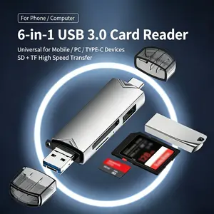 Six-In-One Usb3.0 Card Reader, Type-C & USB-A Dual Plug, Multi-Function SD TF Adapter, Compatible with Phone, Laptop, Camera, USB Drive