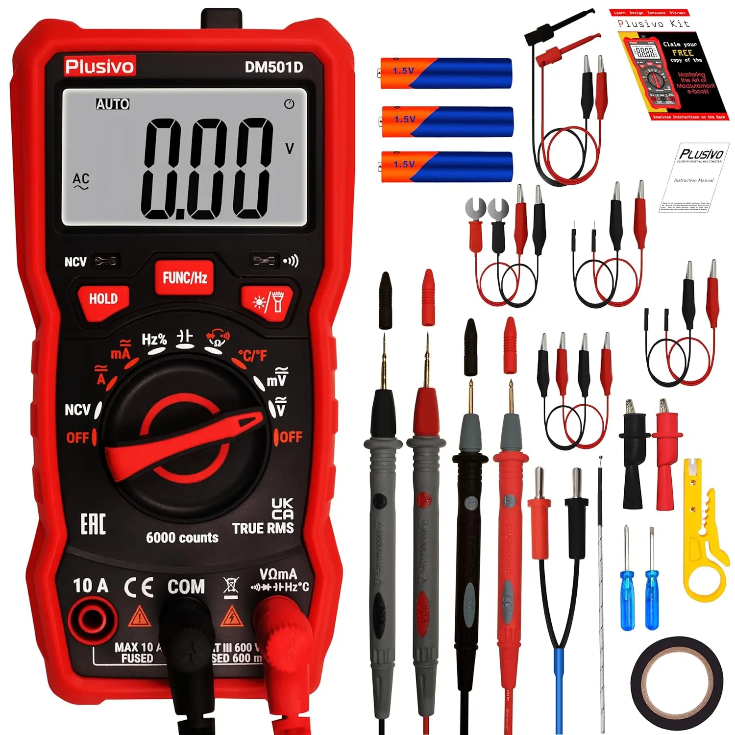 2026 Multimeter 6000 Counts Digital Multimeter Auto Ranging TRMS AC DC Voltmeter Ohm Volt Amp NCV Diode Tester; Measures Voltage Current Resistance Temperature Frequency Buzzer with Test Leads, Probes
