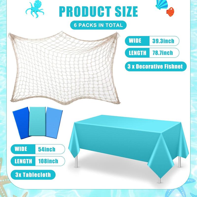 6 Pcs Fish Net Decorative and Tablecloth Set, Cotton Fishnet and Plastic Table Cover Decorations Set for Nautical Themed Party Baby Shower Pirate Decorations Mermaid Party(Vivid Color) Ornaments