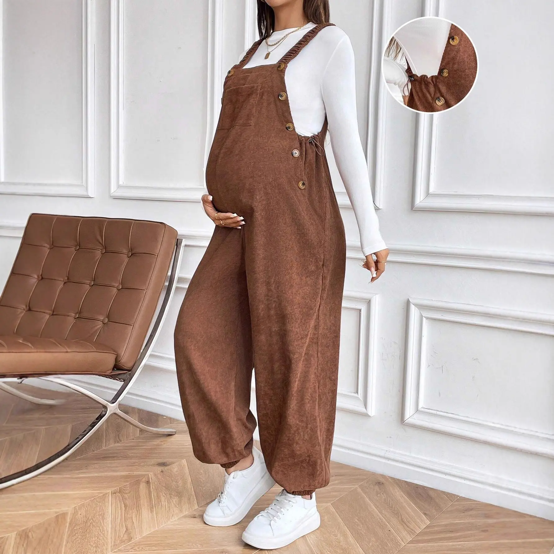 Ocean Style Fall Winter Maternity Overalls for Women Adjustable Waist Loose Fit Corduroy Casual Maternity Jumpsuit Pregnancy Pants