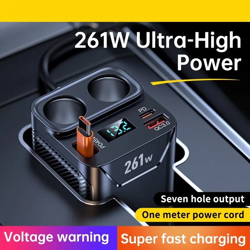 261W 7-in-1 Car Charger Splitter with Separable Retractable Cable, 2-Socket Cigarette Lighter Adapter, PD45W & QC3.0 Fast Charging, Independent Switches & LED Voltage Display for 12V-24V Vehicles